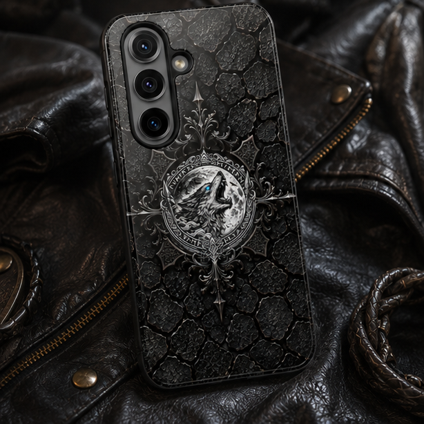 Tough Phone Case — Gothic Howling Wolf Medallion, Rugged Black Texture