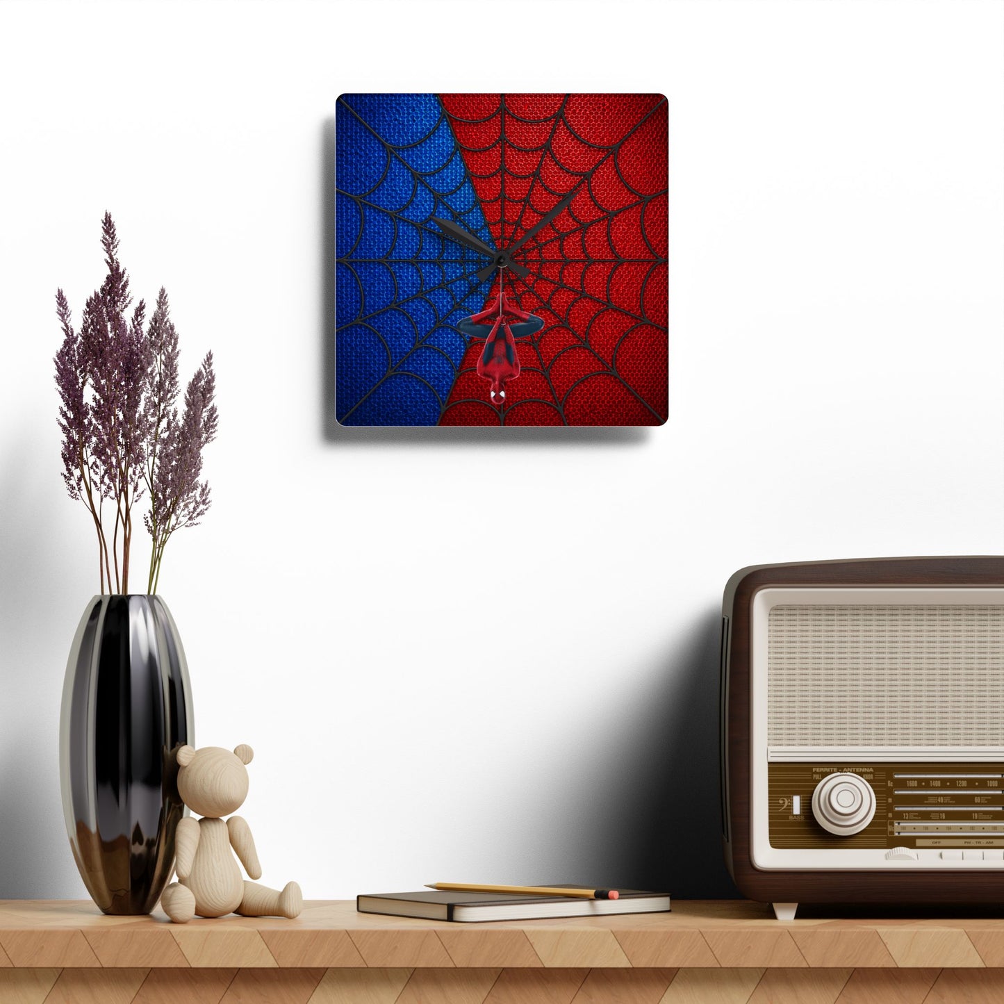 Spidey Silhouette Acrylic Wall Clock — Hanging Spider-Man Design