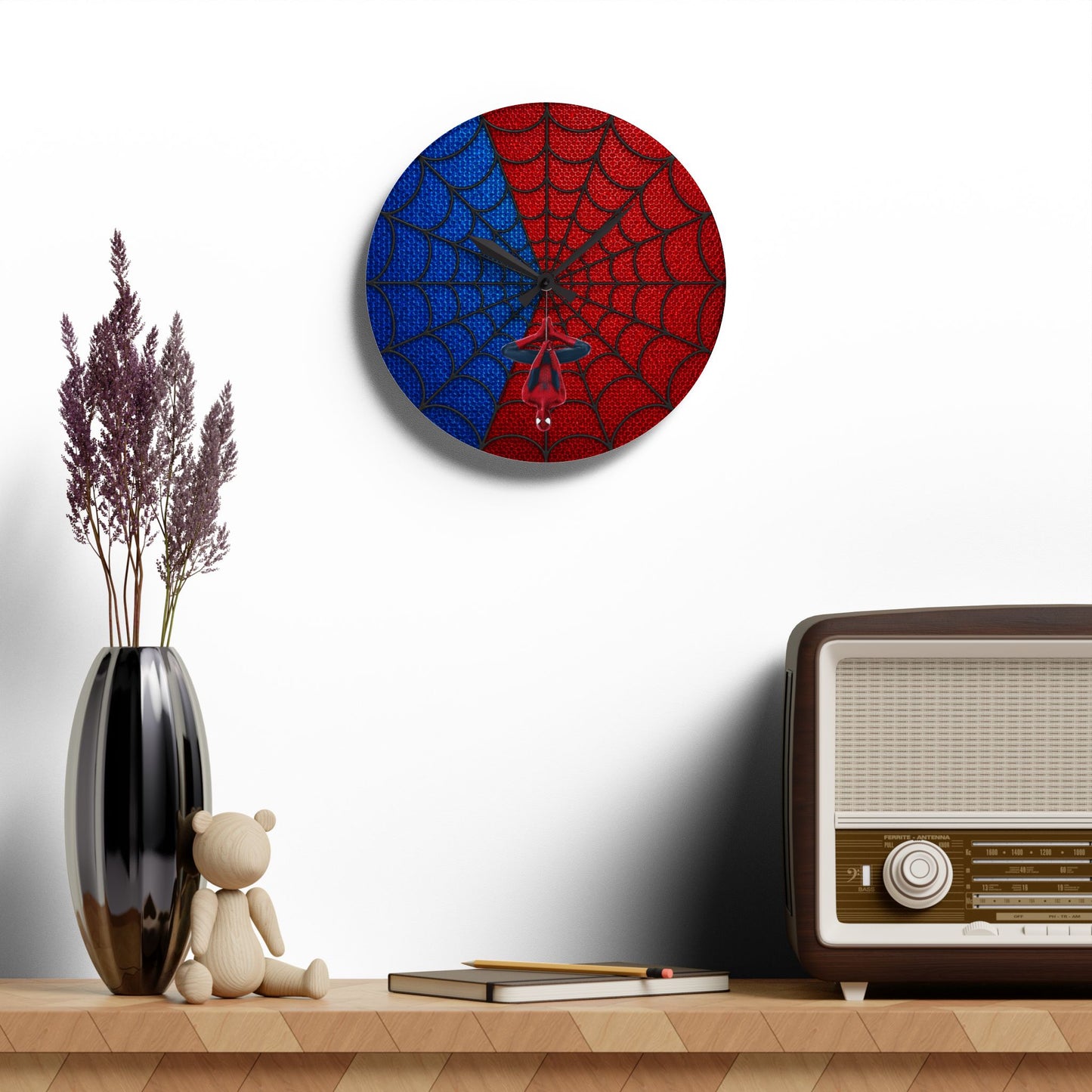 Spidey Silhouette Acrylic Wall Clock — Hanging Spider-Man Design