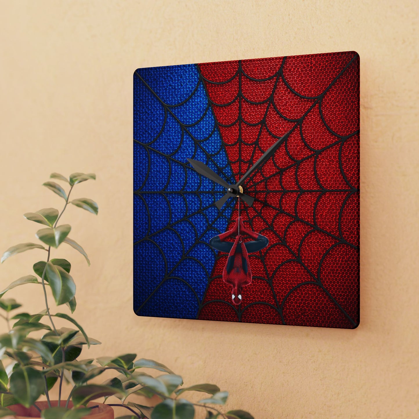 Spidey Silhouette Acrylic Wall Clock — Hanging Spider-Man Design