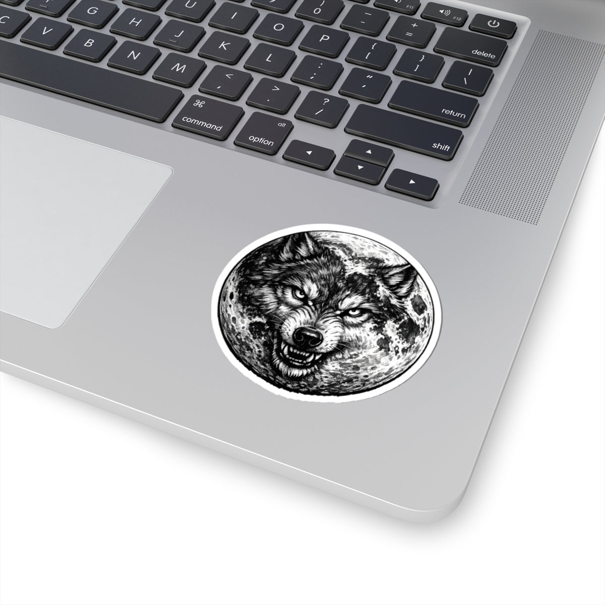 Wolf Moon Kiss-Cut Sticker — Grayscale Wolf and Full Moon Illustration