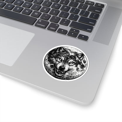 Wolf Moon Kiss-Cut Sticker — Grayscale Wolf and Full Moon Illustration