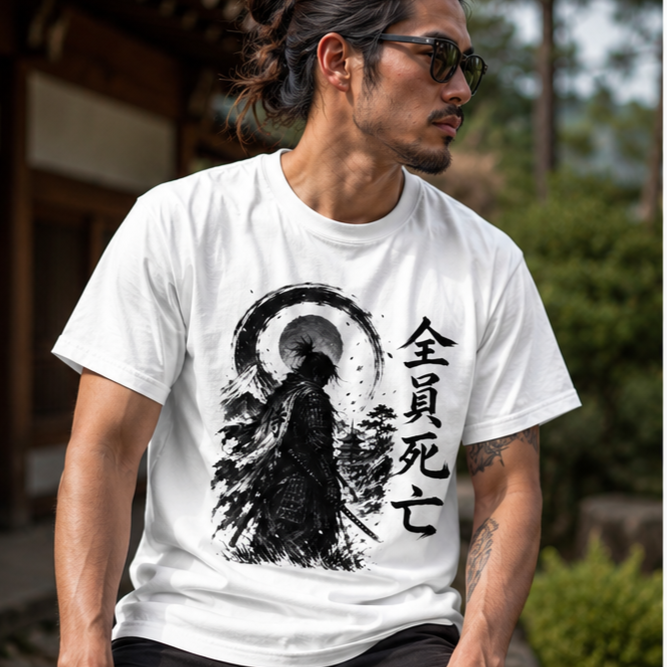 Samurai Ink Art T-Shirt — Zen Warrior with Japanese Kanji