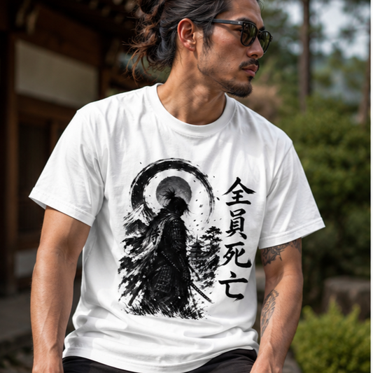 Samurai Ink Art T-Shirt — Zen Warrior with Japanese Kanji