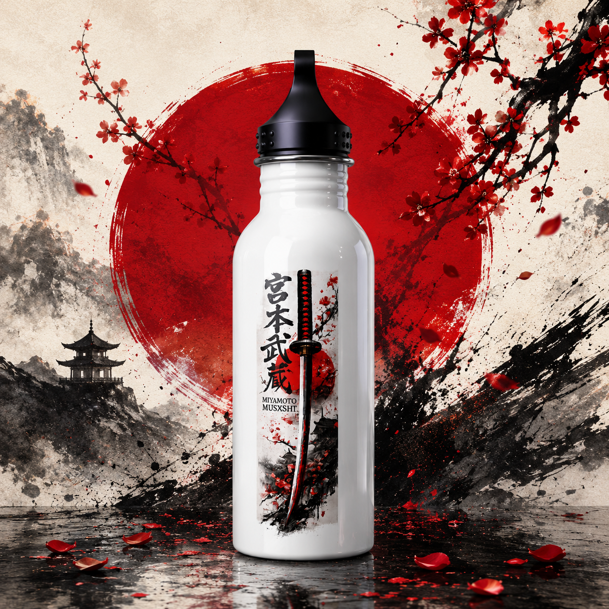 Samurai Sword Stainless Steel Water Bottle — Japanese Kanji & Red Sun Design