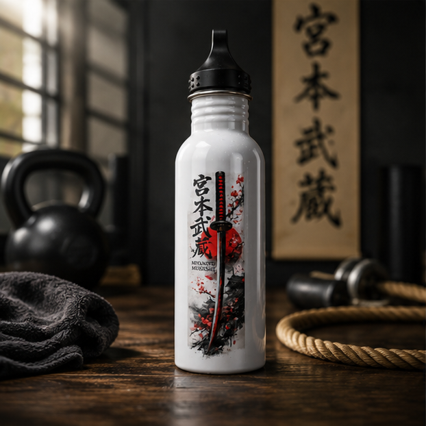 Samurai Sword Stainless Steel Water Bottle — Japanese Kanji & Red Sun Design
