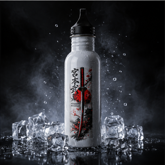 Samurai Sword Stainless Steel Water Bottle — Japanese Kanji & Red Sun Design