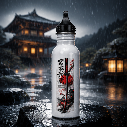 Samurai Sword Stainless Steel Water Bottle — Japanese Kanji & Red Sun Design