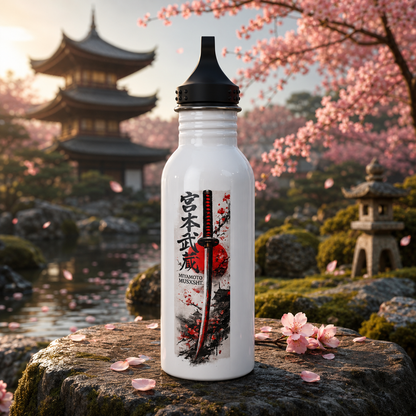 Samurai Sword Stainless Steel Water Bottle — Japanese Kanji & Red Sun Design