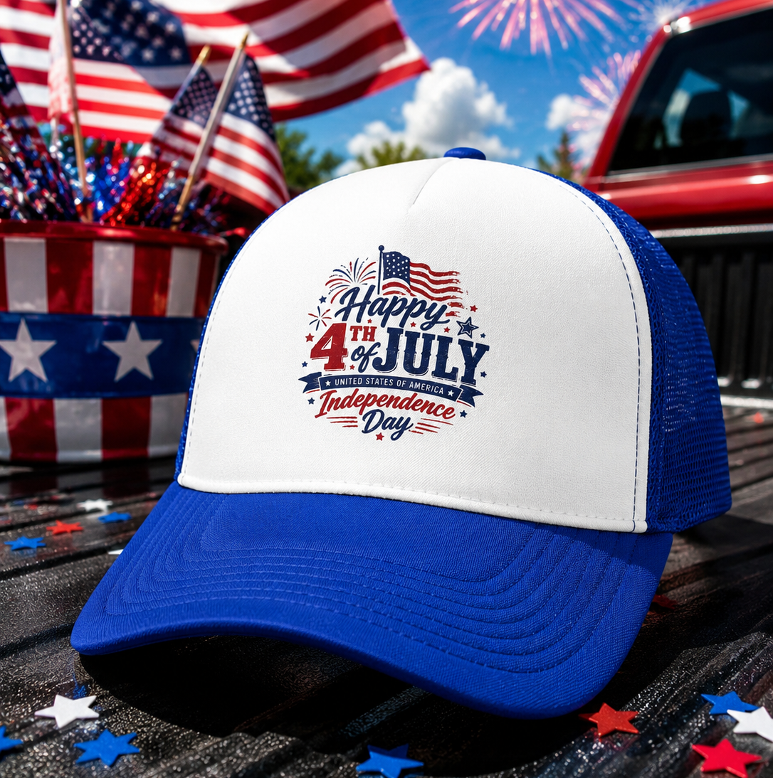 Trucker Cap - "Happy 4th of July" Independence Day Mesh-Back Hat