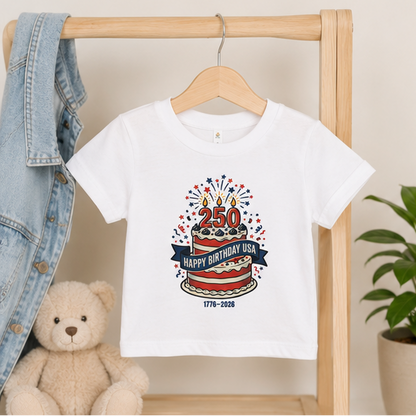 Baby Tee — "250 Happy Birthday USA" Patriotic Cake Toddler Shirt