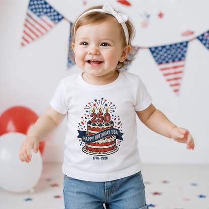 Baby Tee — "250 Happy Birthday USA" Patriotic Cake Toddler Shirt