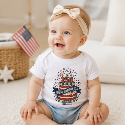 Baby Tee — "250 Happy Birthday USA" Patriotic Cake Toddler Shirt
