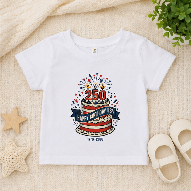 Baby Tee — "250 Happy Birthday USA" Patriotic Cake Toddler Shirt