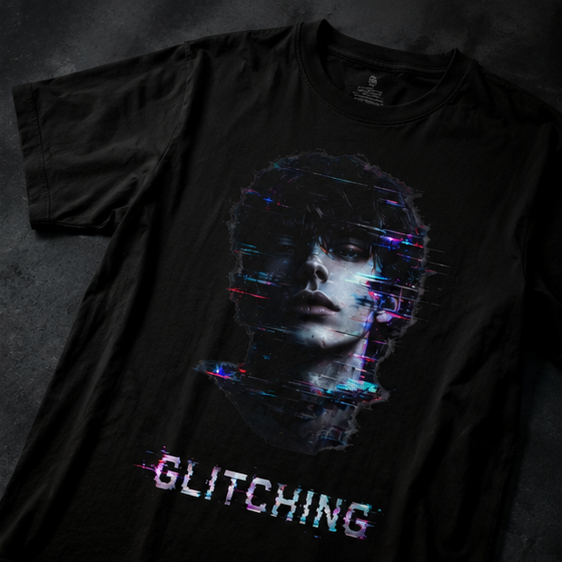 Glitching Face T-Shirt — Retro Cyberpunk Portrait Tee