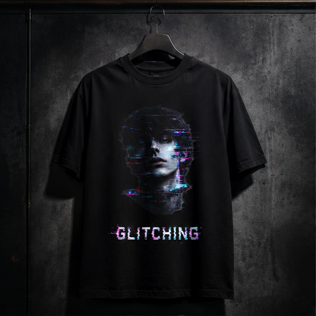 Glitching Face T-Shirt — Retro Cyberpunk Portrait Tee