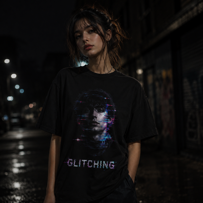 Glitching Face T-Shirt — Retro Cyberpunk Portrait Tee