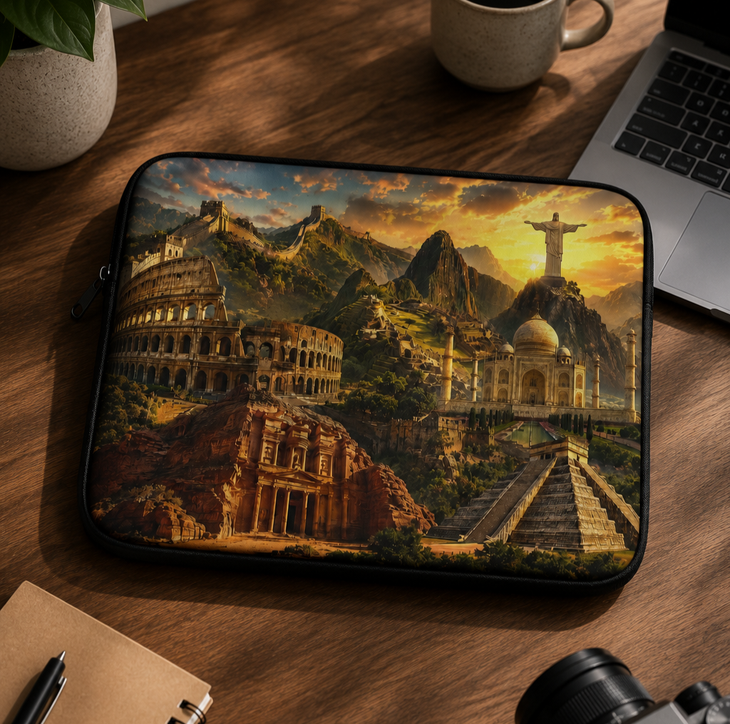 World Landmarks Laptop Sleeve — Vintage Global Monuments Travel Design