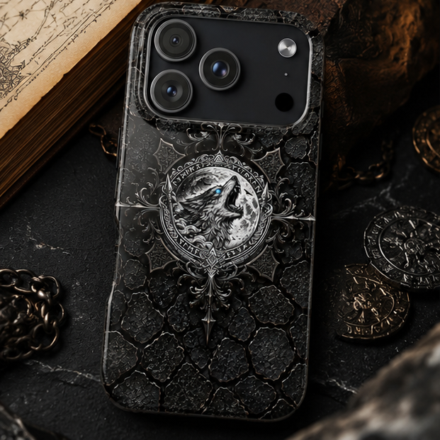 Tough Phone Case — Gothic Howling Wolf Medallion, Rugged Black Texture