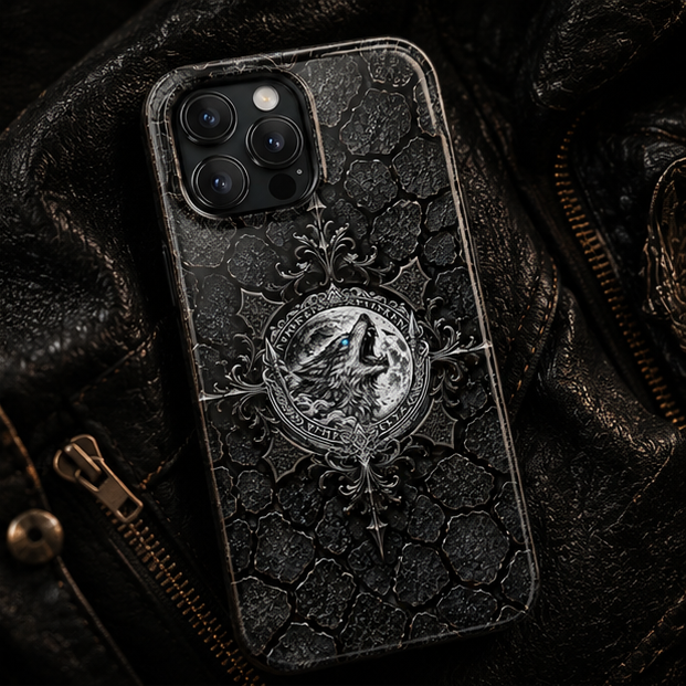 Tough Phone Case — Gothic Howling Wolf Medallion, Rugged Black Texture