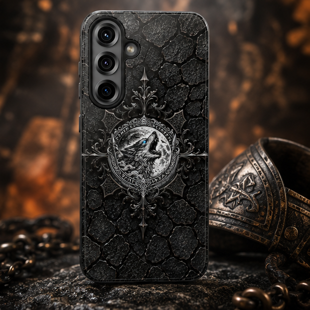 Tough Phone Case — Gothic Howling Wolf Medallion, Rugged Black Texture