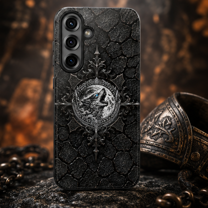 Tough Phone Case — Gothic Howling Wolf Medallion, Rugged Black Texture