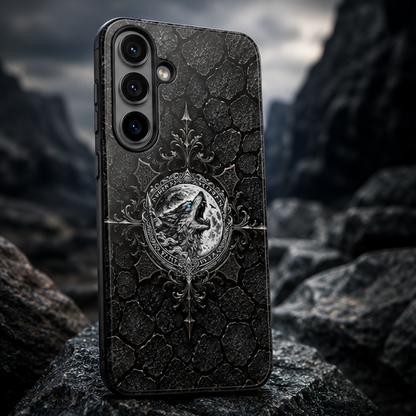 Tough Phone Case — Gothic Howling Wolf Medallion, Rugged Black Texture