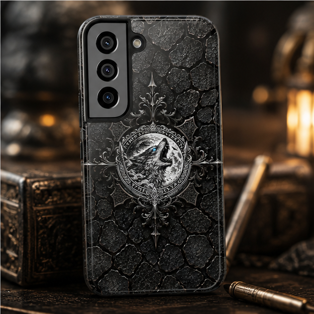 Tough Phone Case — Gothic Howling Wolf Medallion, Rugged Black Texture
