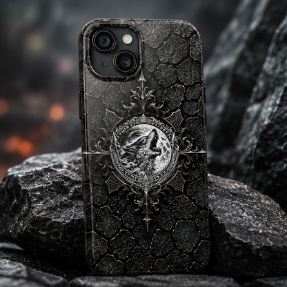 Tough Phone Case — Gothic Howling Wolf Medallion, Rugged Black Texture