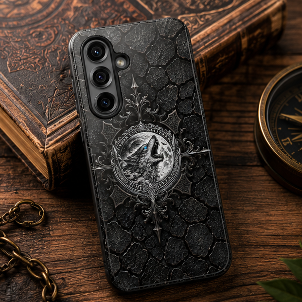 Tough Phone Case — Gothic Howling Wolf Medallion, Rugged Black Texture