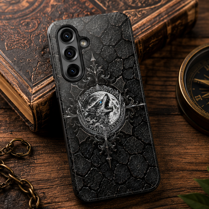 Tough Phone Case — Gothic Howling Wolf Medallion, Rugged Black Texture