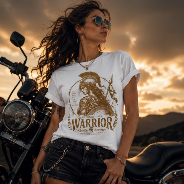 Warrior Goddess T-Shirt — Spartan Helmet Illustration with "Born to Be Brave" Quote