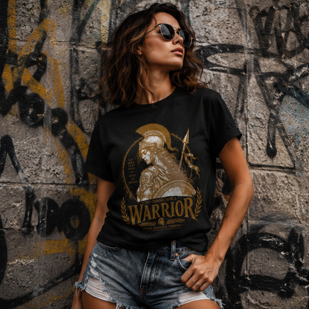 Warrior Goddess T-Shirt — Spartan Helmet Illustration with "Born to Be Brave" Quote