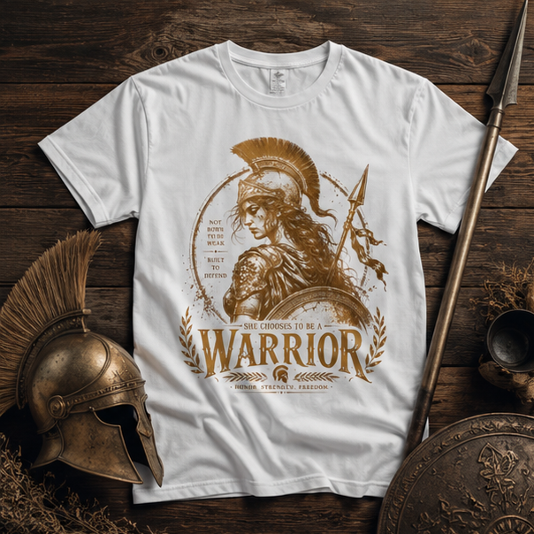 Warrior Goddess T-Shirt — Spartan Helmet Illustration with "Born to Be Brave" Quote