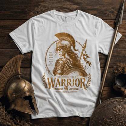 Warrior Goddess T-Shirt — Spartan Helmet Illustration with "Born to Be Brave" Quote