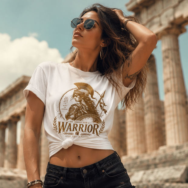 Warrior Goddess T-Shirt — Spartan Helmet Illustration with "Born to Be Brave" Quote