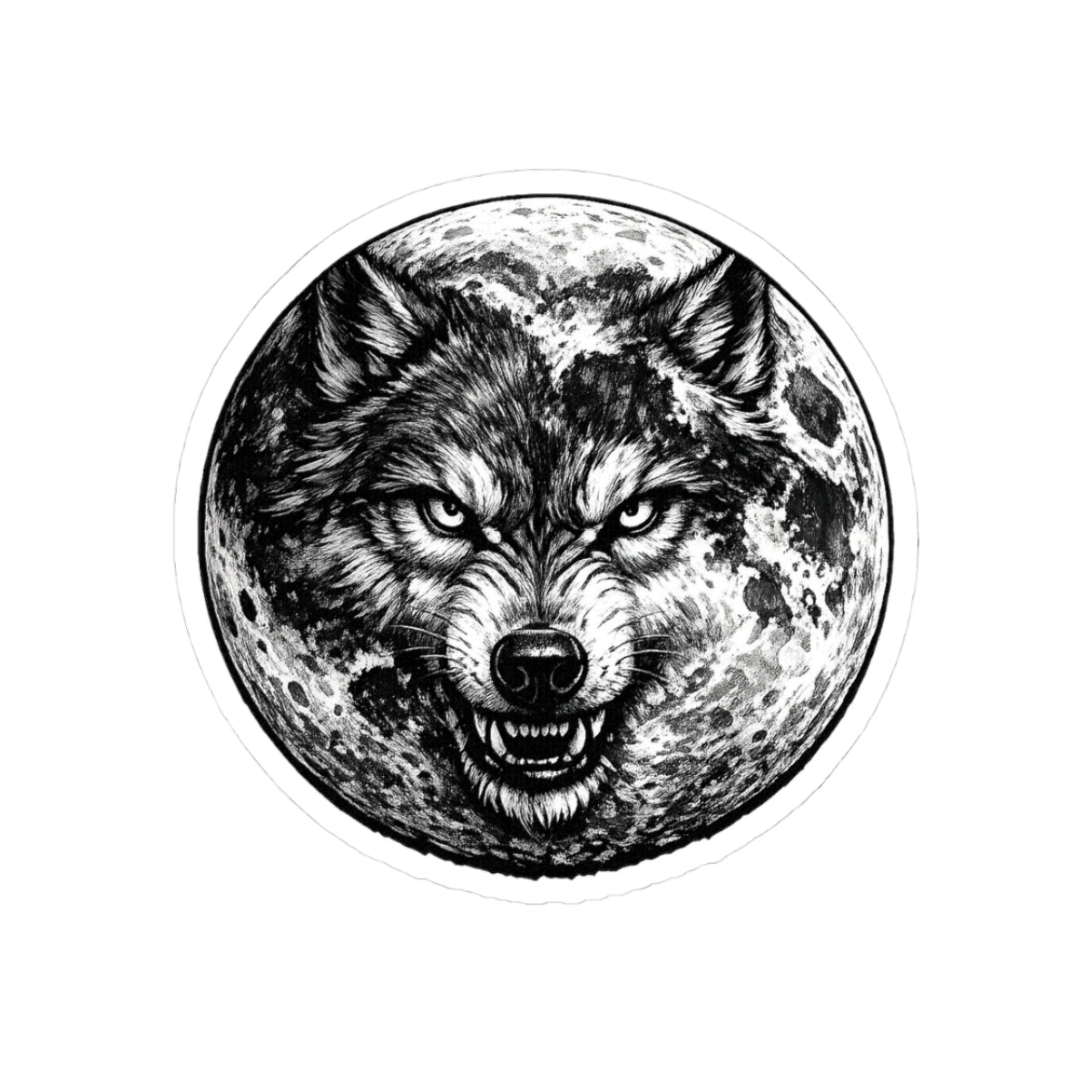 Wolf Moon Kiss-Cut Sticker — Grayscale Wolf and Full Moon Illustration