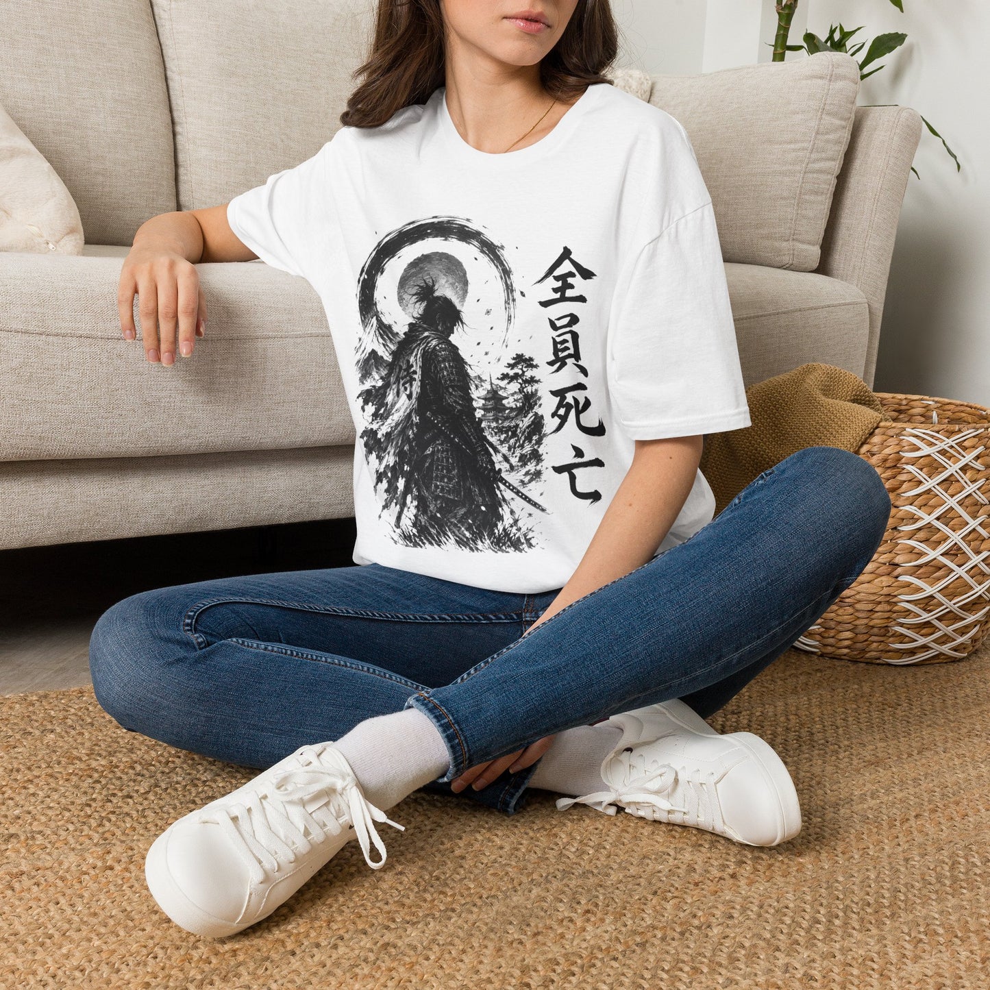 Samurai Ink Art T-Shirt — Zen Warrior with Japanese Kanji