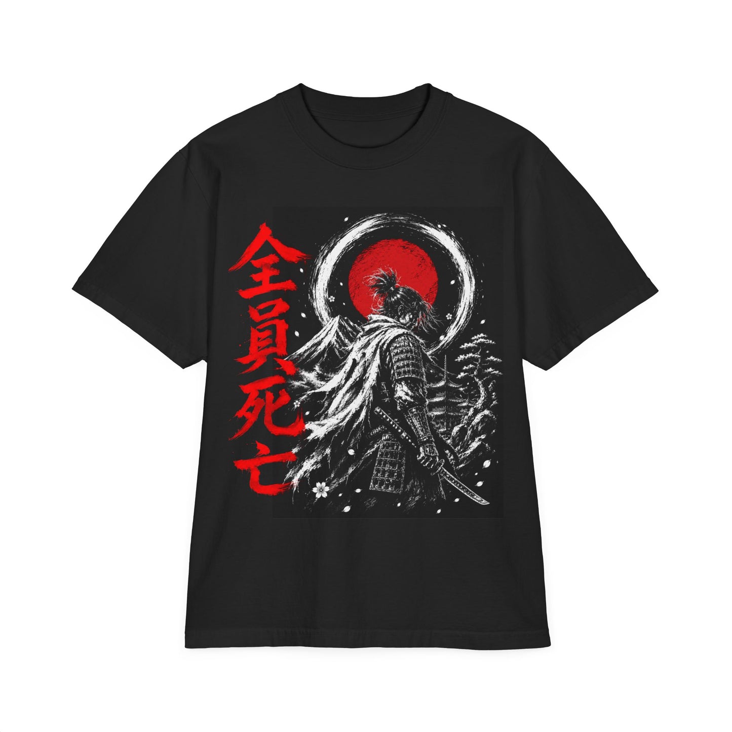 Samurai Moon T-Shirt — Red Kanji 'Everyone Dies' Graphic Tee