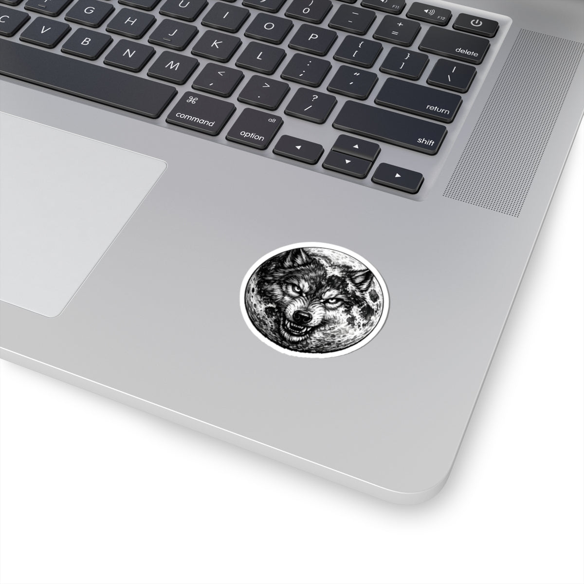 Wolf Moon Kiss-Cut Sticker — Grayscale Wolf and Full Moon Illustration