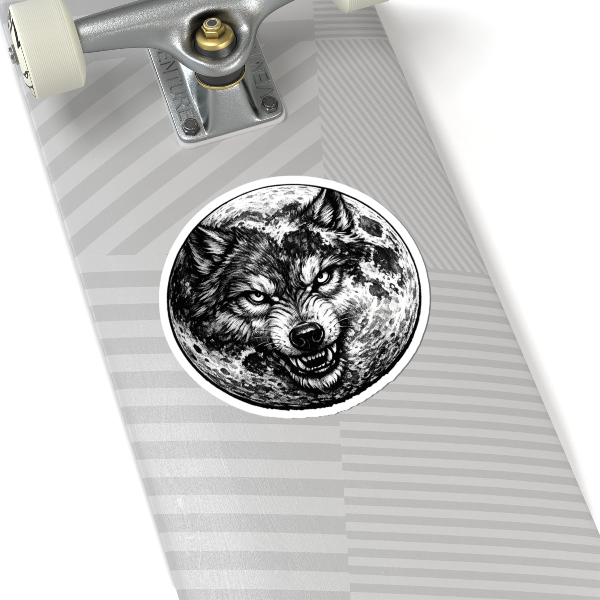 Wolf Moon Kiss-Cut Sticker — Grayscale Wolf and Full Moon Illustration