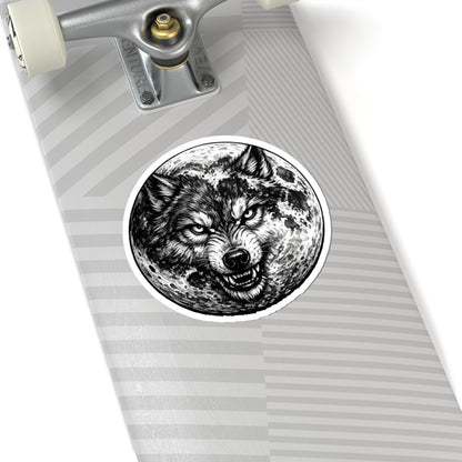 Wolf Moon Kiss-Cut Sticker — Grayscale Wolf and Full Moon Illustration