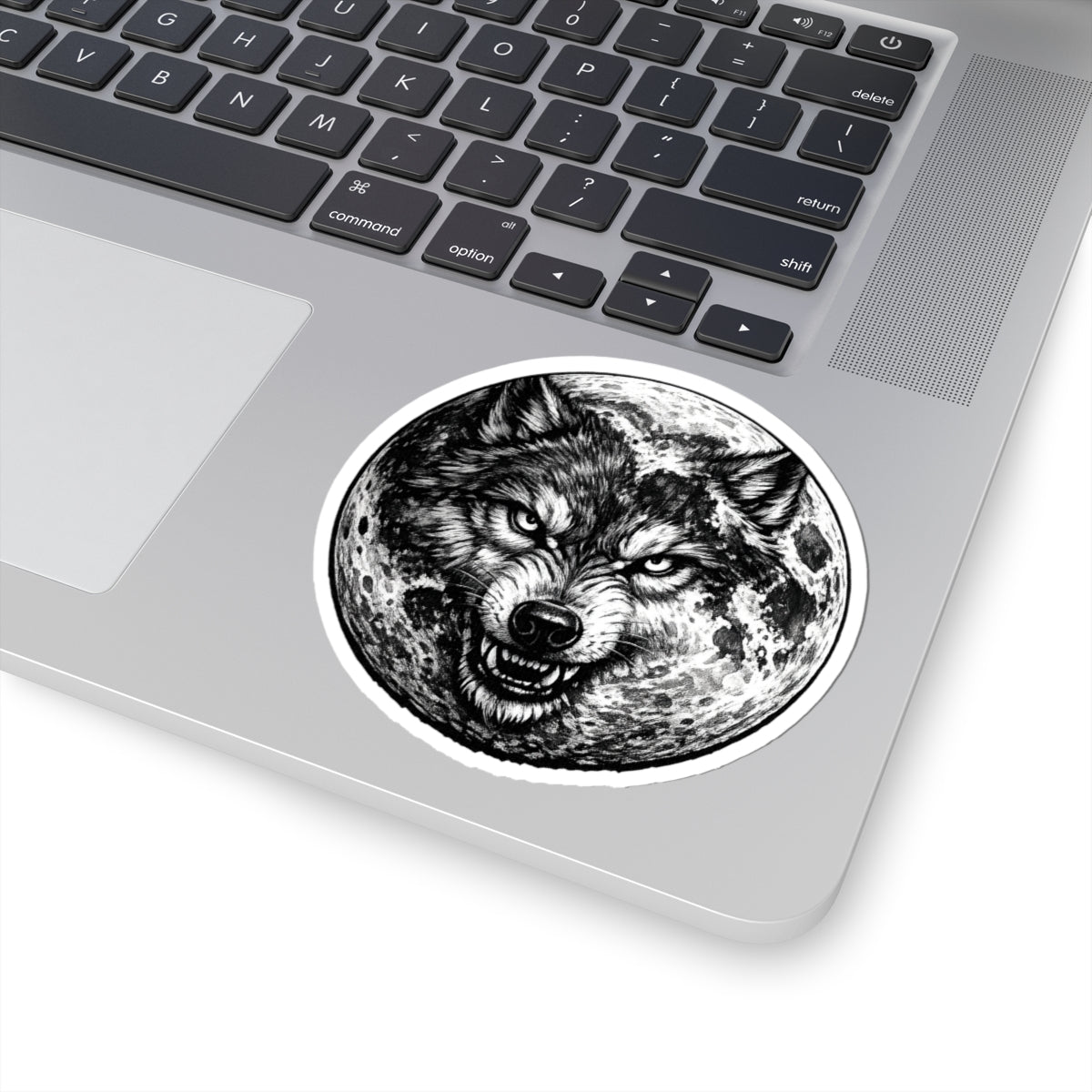Wolf Moon Kiss-Cut Sticker — Grayscale Wolf and Full Moon Illustration