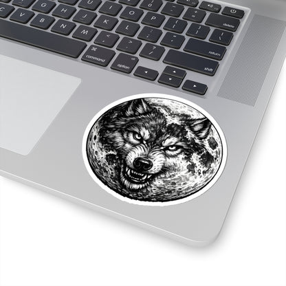Wolf Moon Kiss-Cut Sticker — Grayscale Wolf and Full Moon Illustration