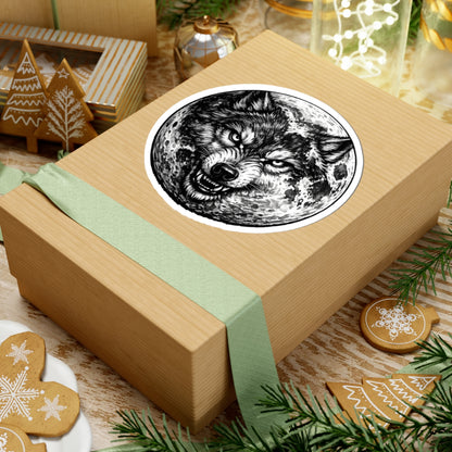 Wolf Moon Kiss-Cut Sticker — Grayscale Wolf and Full Moon Illustration