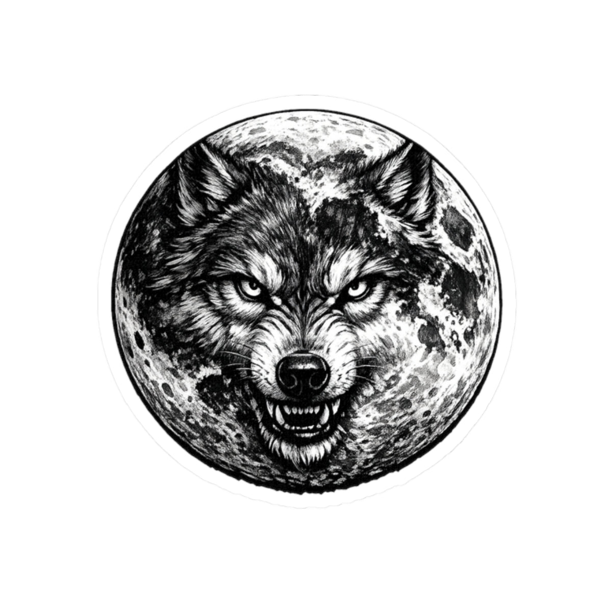 Wolf Moon Kiss-Cut Sticker — Grayscale Wolf and Full Moon Illustration