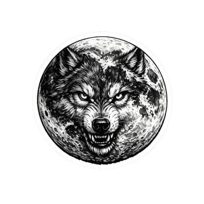 Wolf Moon Kiss-Cut Sticker — Grayscale Wolf and Full Moon Illustration