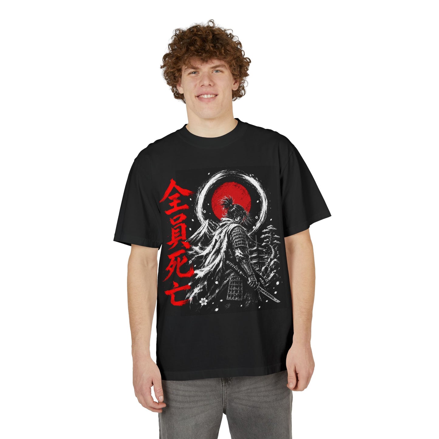 Samurai Moon T-Shirt — Red Kanji 'Everyone Dies' Graphic Tee
